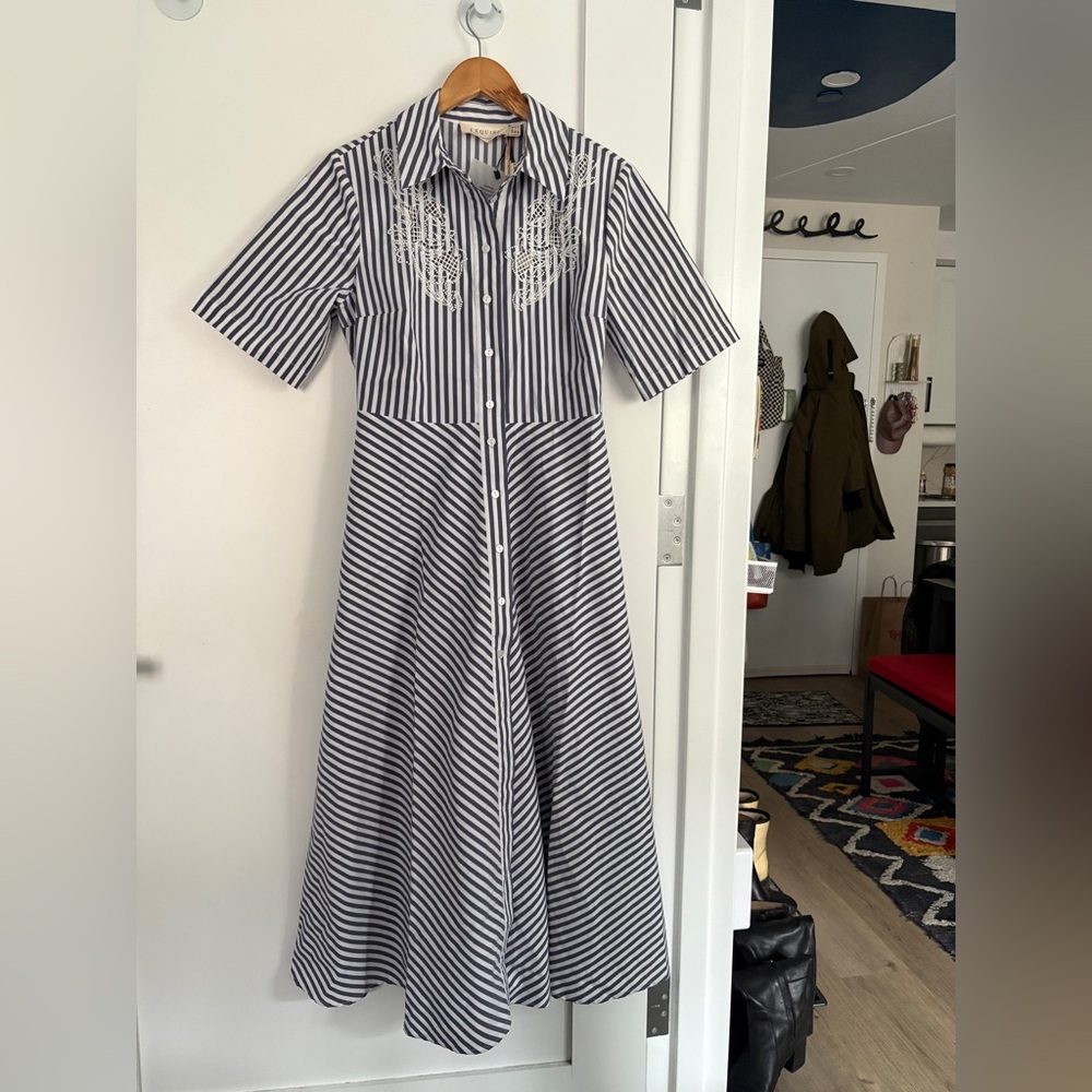 Striped Button-Up Dress with Hand Beaded Embroidery